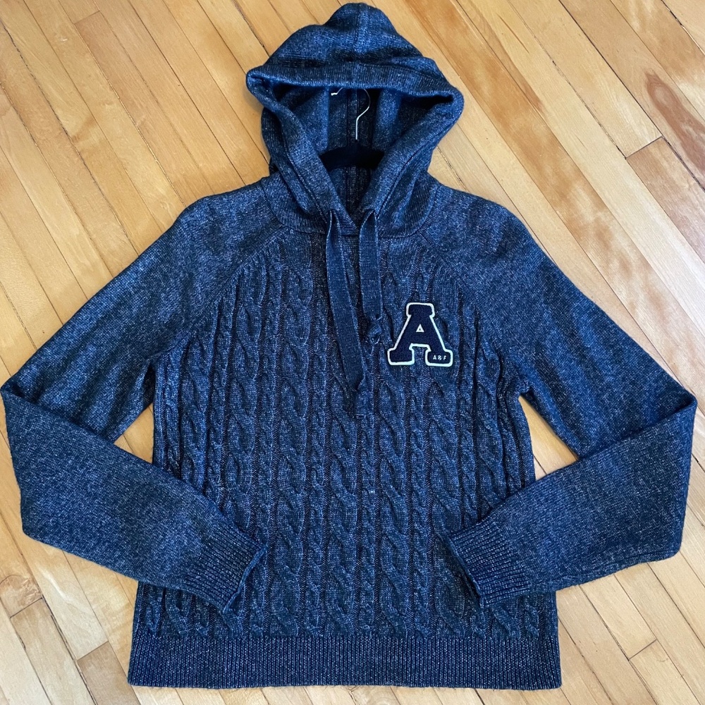 ABERCROMBIE & FITCH Cable Knit Chenille Varsity Letter Hoodie Sweater Preppy Y2K